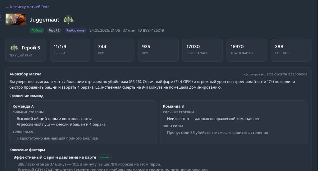 Скриншот: AI-разбор матча Dota 2 — итог, сравнение команд и ключевые факторы
